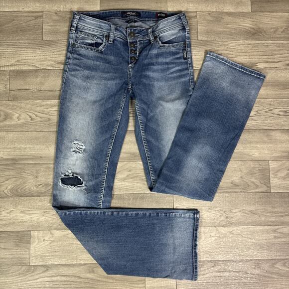 Silver Jeans Distressed Low Rise Aiko Bootcut Jeans Medium Wash sz 28 x 34 - Picture 1 of 8